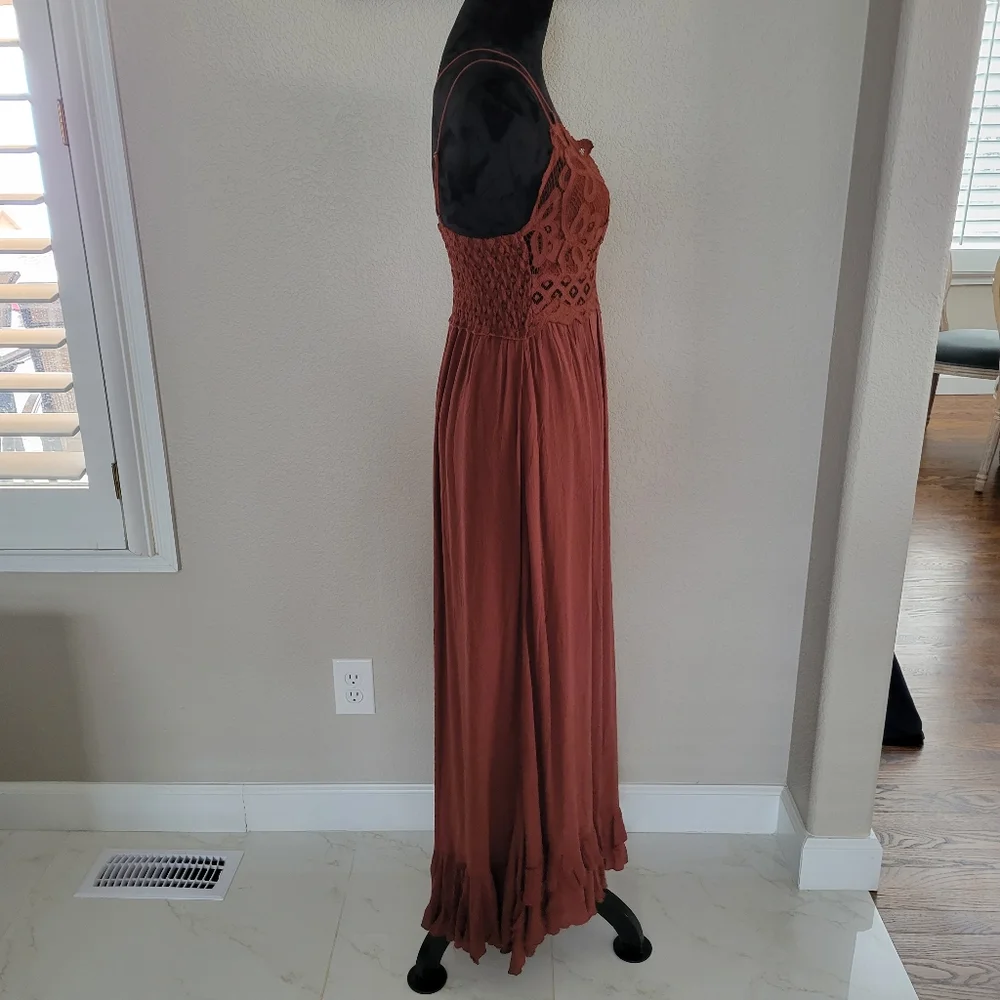 FP Free People One Adella Mocha Brown Maxi Slip Tiered Hem Dress L M - Picture 10 of 12